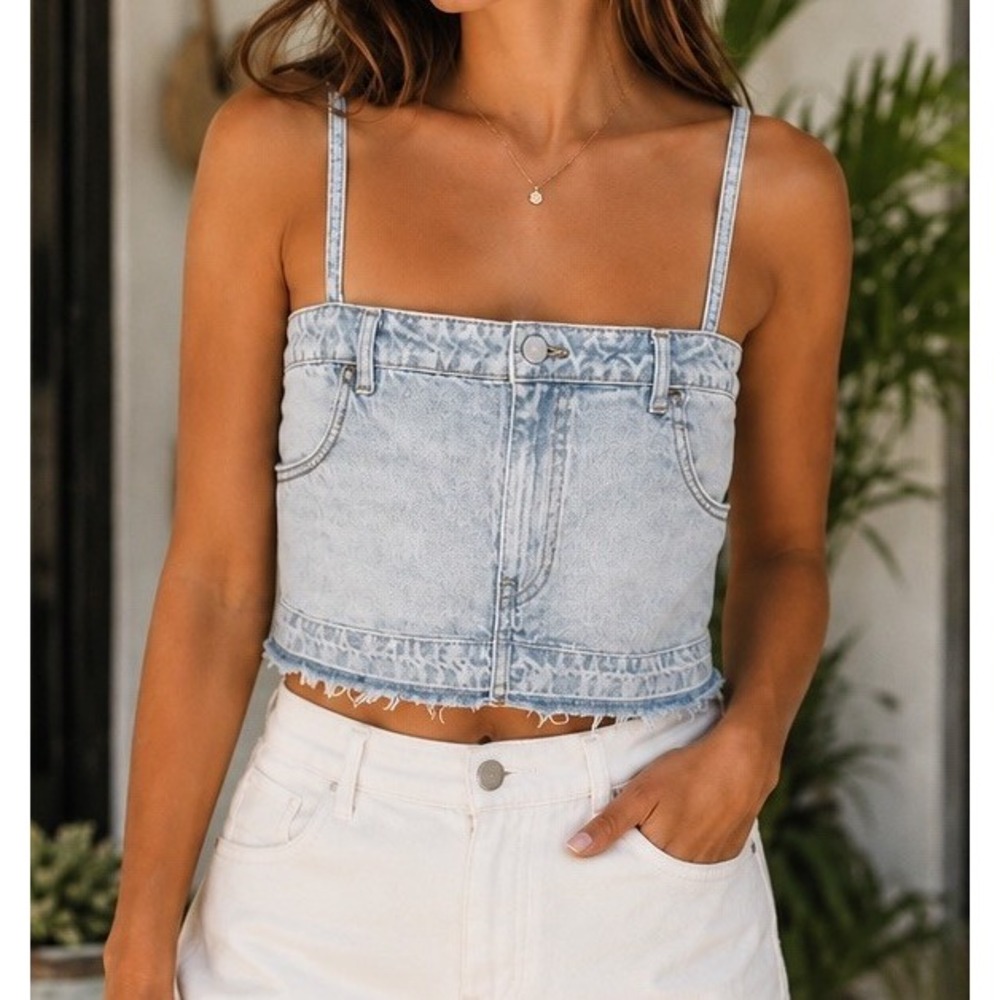 Zara Womens S Blue Denim Cropped Spaghetti Strap Tank Top Square Neck NWOT